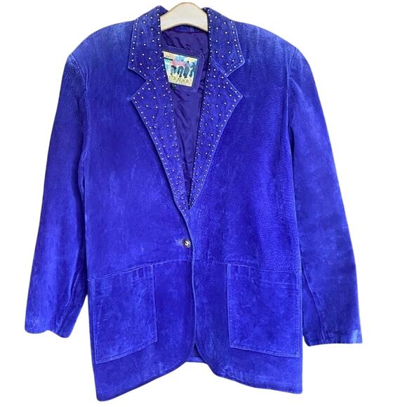 Vintage Purple suede 100% leather Jacket with Notched Lapels gold stud beads OS - Picture 1 of 12